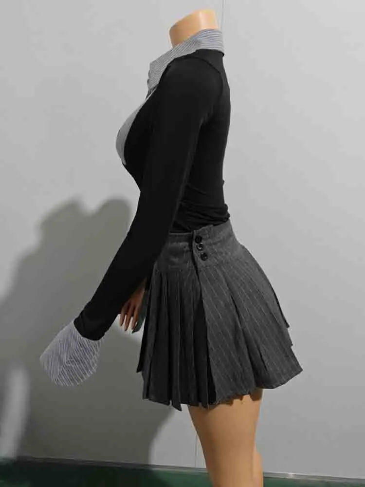 Weird Puss Hipster Women 2 Piece Set Y2K Chic Patchwork Irregular Button Crop Tops+Pleated Skirts Matching Club Skinny Outfits
