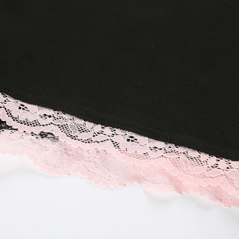 Contrast Lace Patchwork Square Collar Skinny Sexy Straps Rompers Playsuits Sweet Cute Y2K Clothing