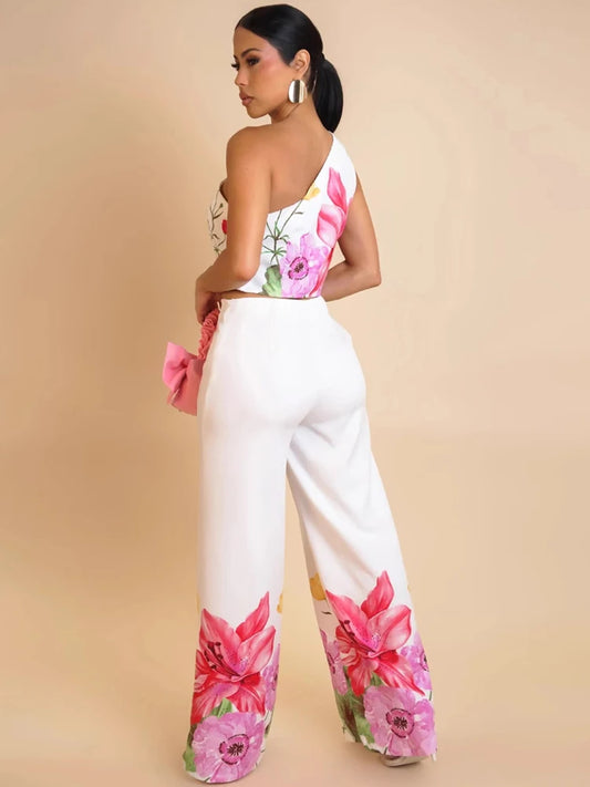 Kricesseen Women's Floral Jumpsuits 2 Piece Outfits Elegant Flower Print Crop Top And Wide Legs Pant Set Clubwear Overalls