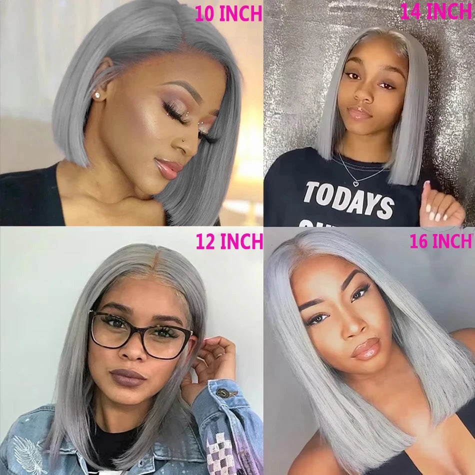 10 12 14 Inch Grey Bob Lace Front Human Hair Wig 13x4 Colored Short Grey Bob Wig Pre Plucked Natural Hairline With Baby Hair