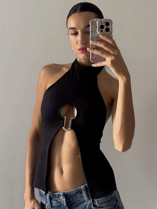 Weird Puss Metal Ring Tank Tops Women Y2K Chic Split Navel Backless Coquette Buttons Halter Sexy Hottie Midnight Wild Basic Vest