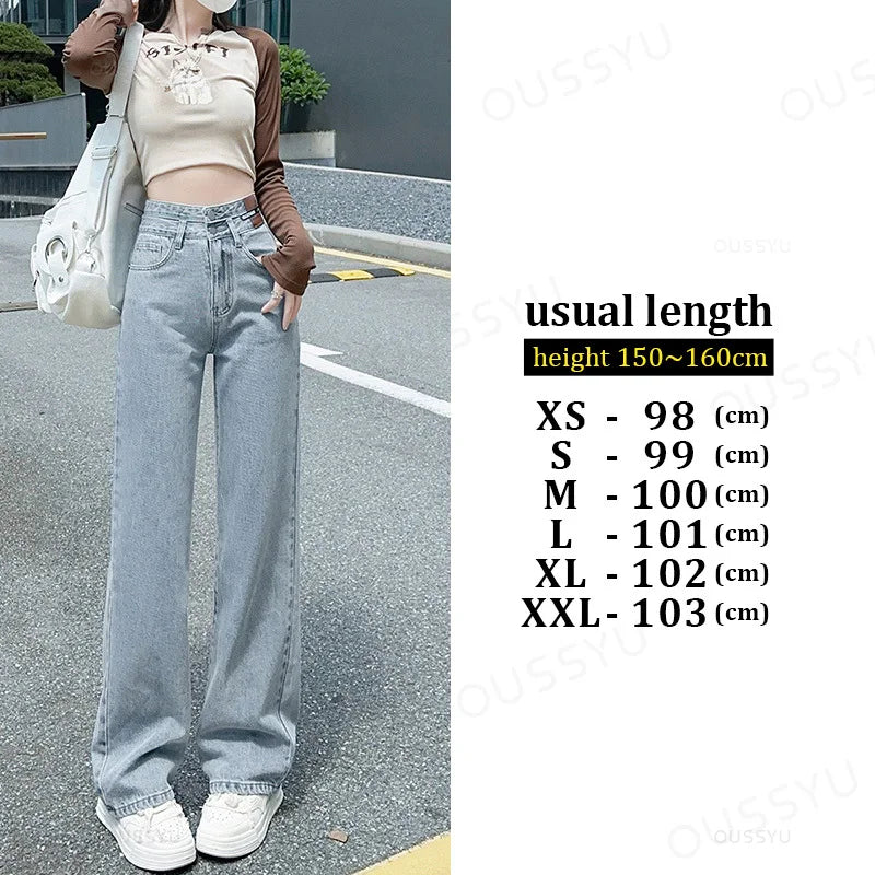 OUSSYU Woman Jeans High Waist Straight Wide Leg Cotton Clothing Blue Streetwear Vintage Fashion Harajuku Women Trousers