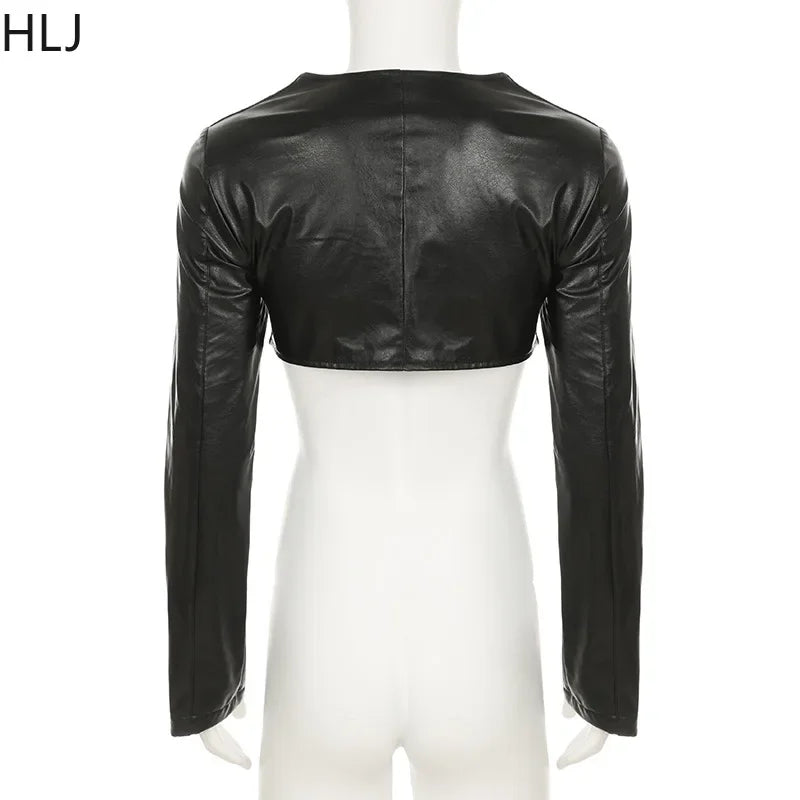 HLJ&GG Fashion Leather Long Sleeve Crop Jacket + Skinny Leopard Pants Two Piece Sets Y2K Cool Girl Outfits Women Sexy Streetwear