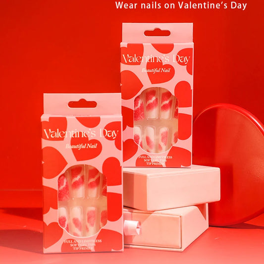 24pcs Long Batte False Nail Pink Lips Love Design Women Fake Nails Sweet Style Press on Nail Tips Valentine's Day Nail Supplies