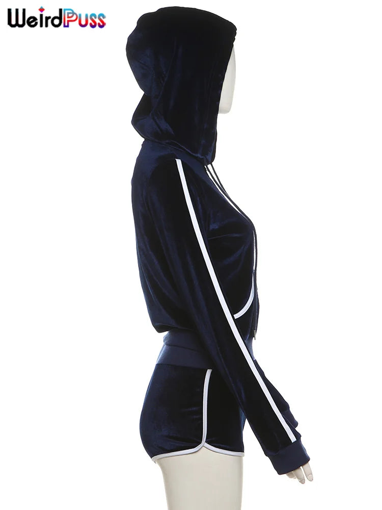 Weird Puss Casual Sporty 2 Piece Set Women Hooded Shirring Zipper Number Print Jacket+Contrast Patchwork Mini Shorts Simple Suit