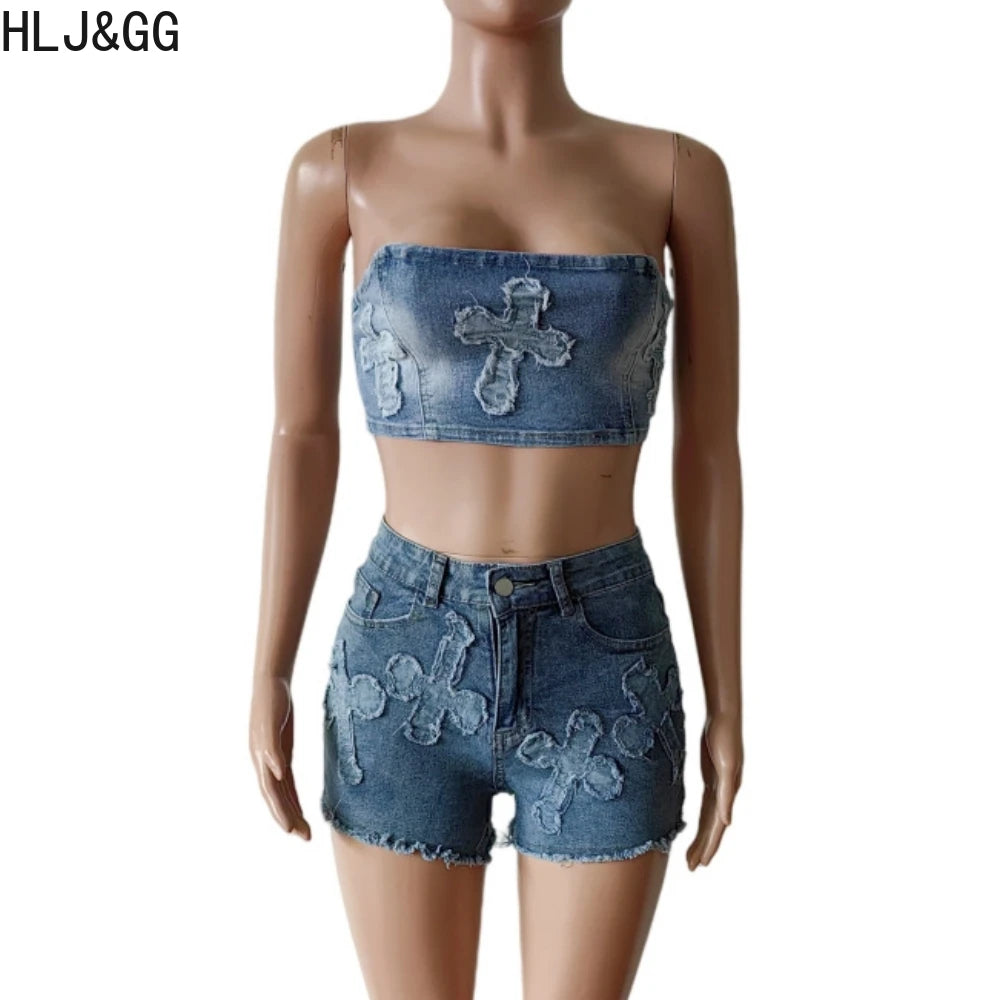 HLJ&GG Blue Fashion Denim Pocket Cargo Shorts Two Piece Sets Women Zipper Long Sleeve Crop Top And Shorts Outfits Cowboy Suits