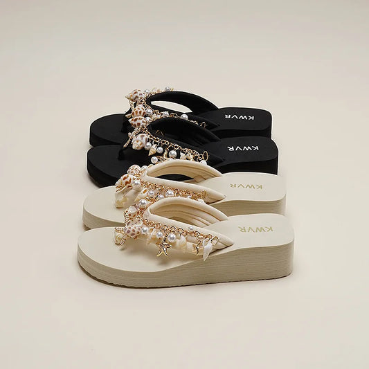 Adult 4cm Sponge Cake Thick Sole Flip Flops Summer 2026 Women's Versatile Conch Anti-slip Sandals Shiny Diamonds Beach Shoes