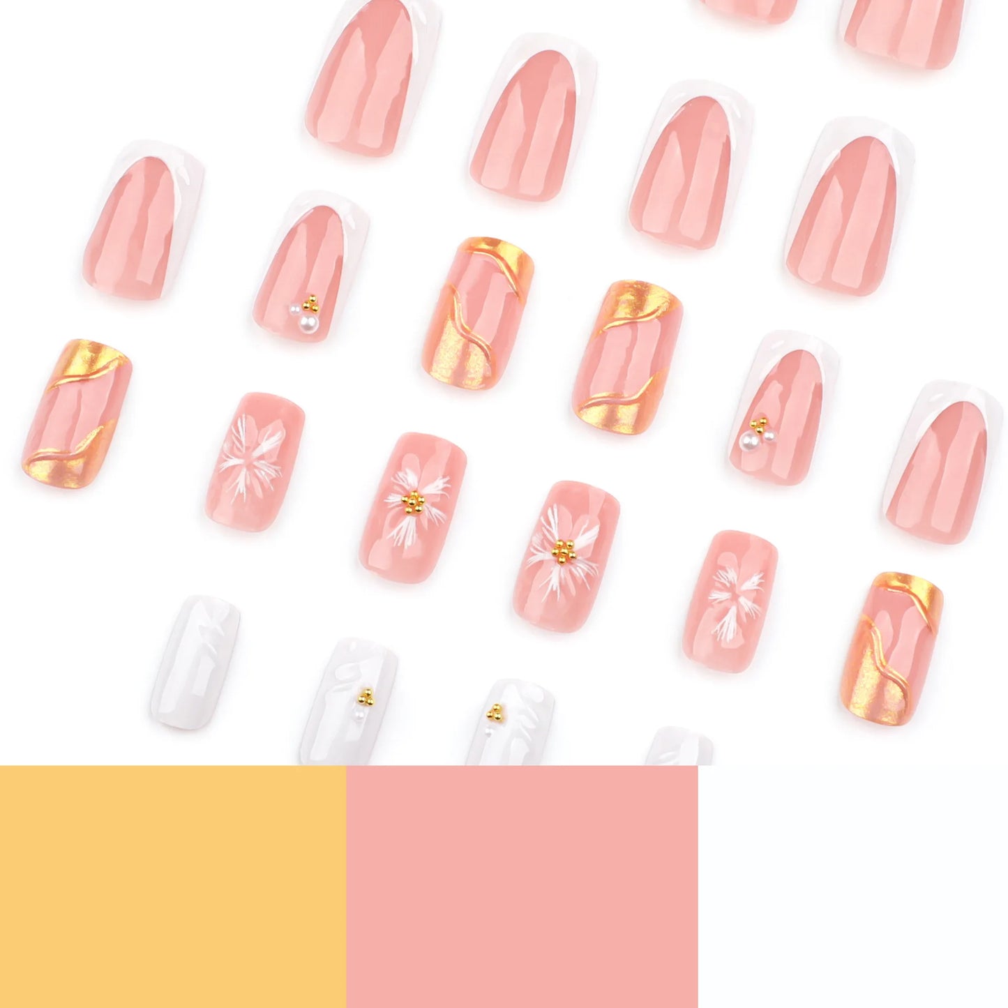 24pcs Short French Press on Nails with 3D Flower Design Fake Nail Tips Wearable Full Cover European Coffin Ballet Fake Nails