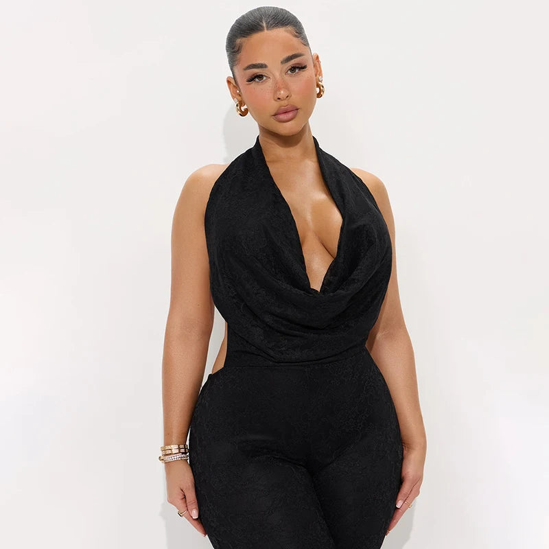 CUTENOVA Women'S Sexy Solid Color Lace Patchwork Swing Collar Hanging Neck Big Backless Skinny Jumpsuit Summer Elegant Jumpsuit