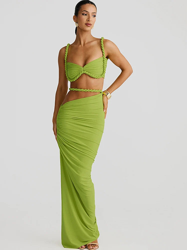 Kricesseen Women's Spaghetti Straps Tube Top And Matching Skirt Set Summer Bandage Two-Piece Dress Night Clubwear Vestidos