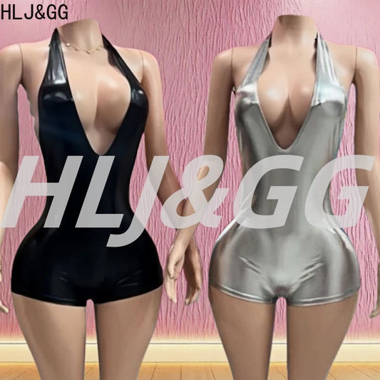 HLJ&GG Sexy Deep V Halter Glossy Bodycon One Piece Rompers Women Sleeveless Backless Lace Up Jumpsuits Fashion Clubwear Overalls