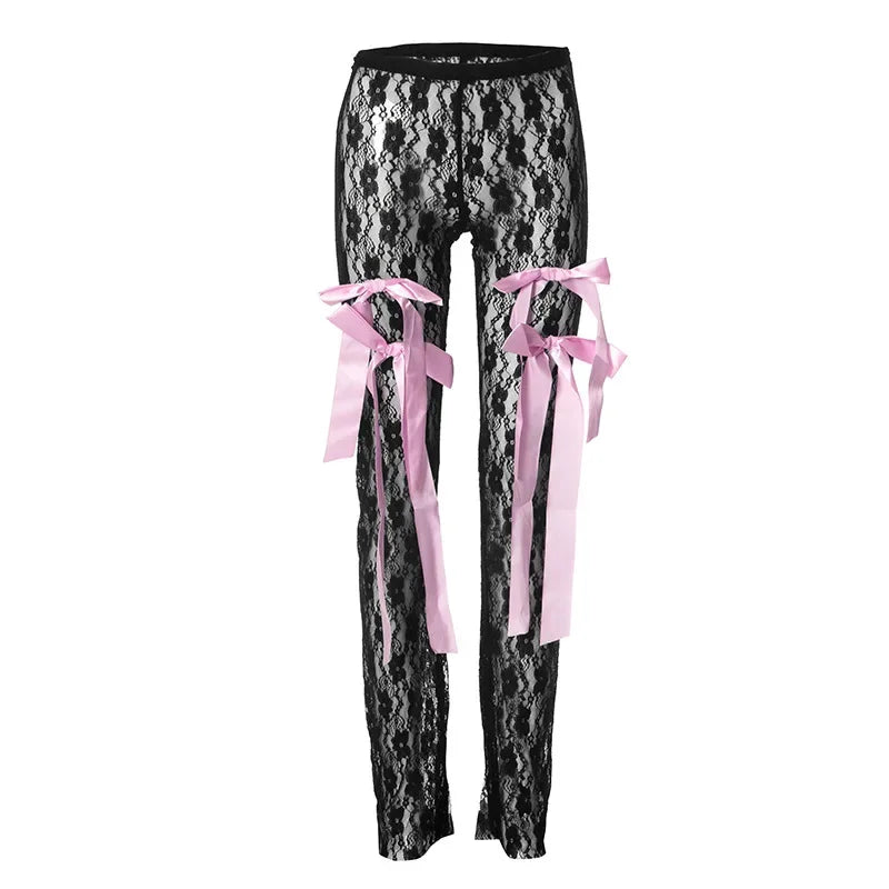 HLJ&GG Fashion Y2K Streetwear Women Letter Print O Neck Slim Crop Top And Mesh Sheer Bow Skinny Pants 2 Piece Sets Outfits 2024