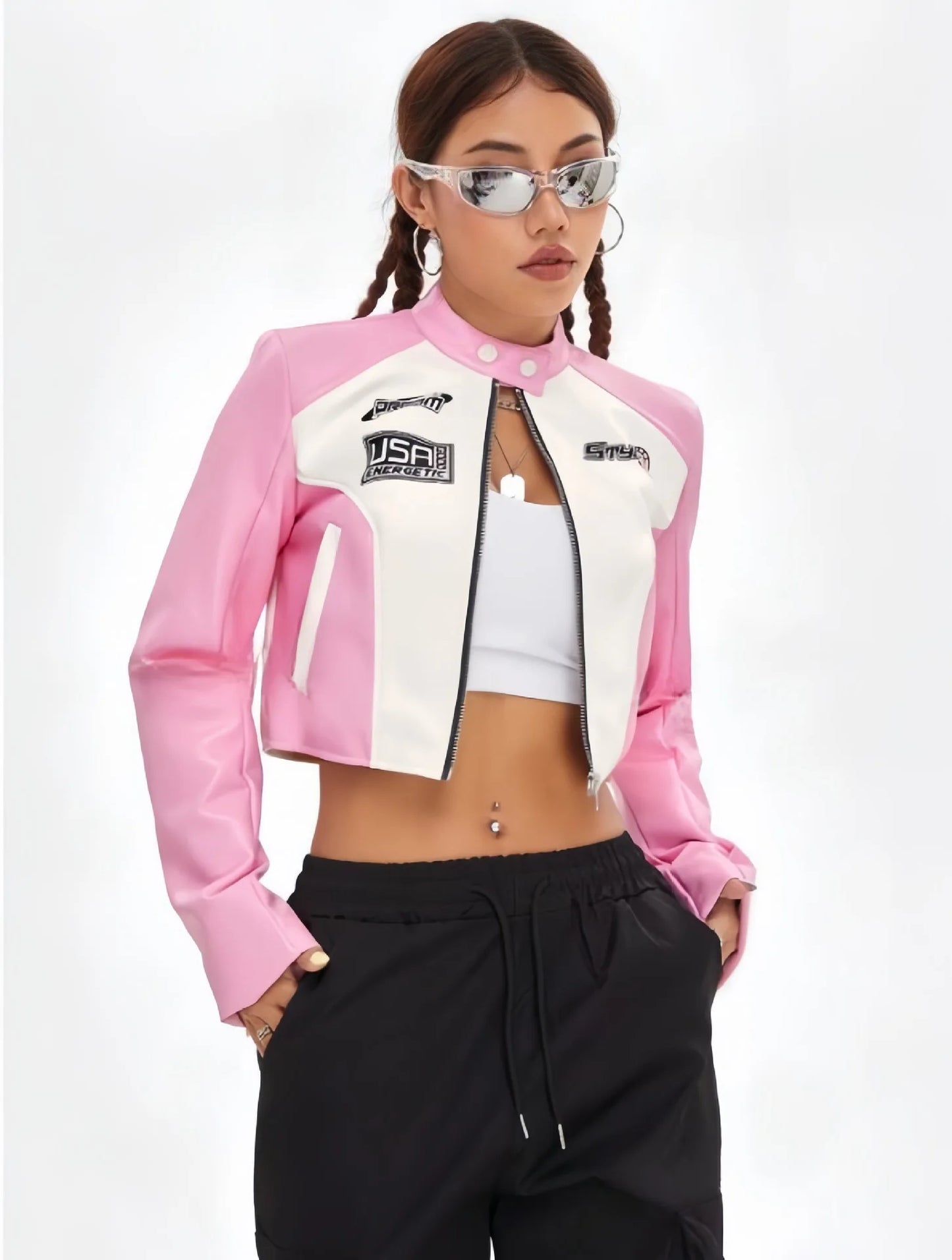 HLJ&GG Pink Letter Print Leather Jacket 3 Piece Sets Women Vest+Long Sleeve Crop Top+Shorts Outfits Fashion Cool Girl Streetwear