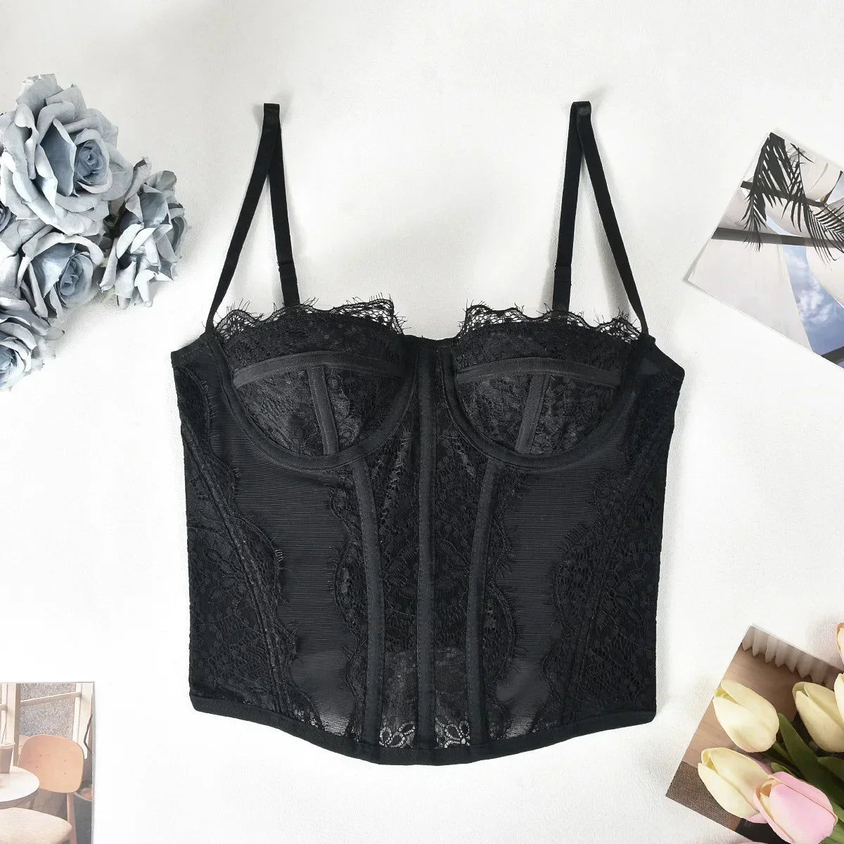 Sexy Lace Mesh Spaghetti Strap Open Back Boned Corset Women Summer Slim Lingerie Bodyshaper Bustier Camisole Halter Vest