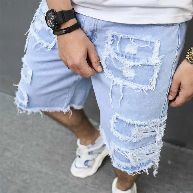 Denim Hole Knee Length Men Washed Jean Mid Waist Spliced Ripped Pockets Loose Fit Distressed Straight Pants 2024 Casual