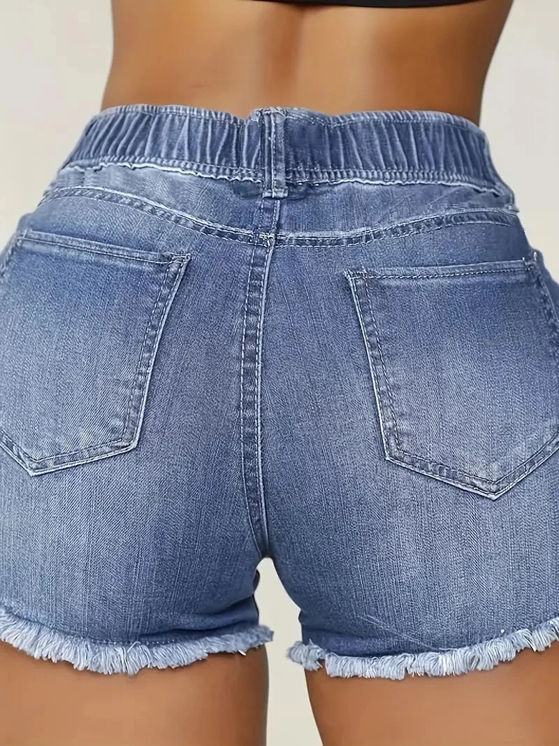 Women Large Size jeans Shorts High Waisted Light Blue Distressed with Drawstring jeans Shorts Trendy Summer Fashion Hot Item