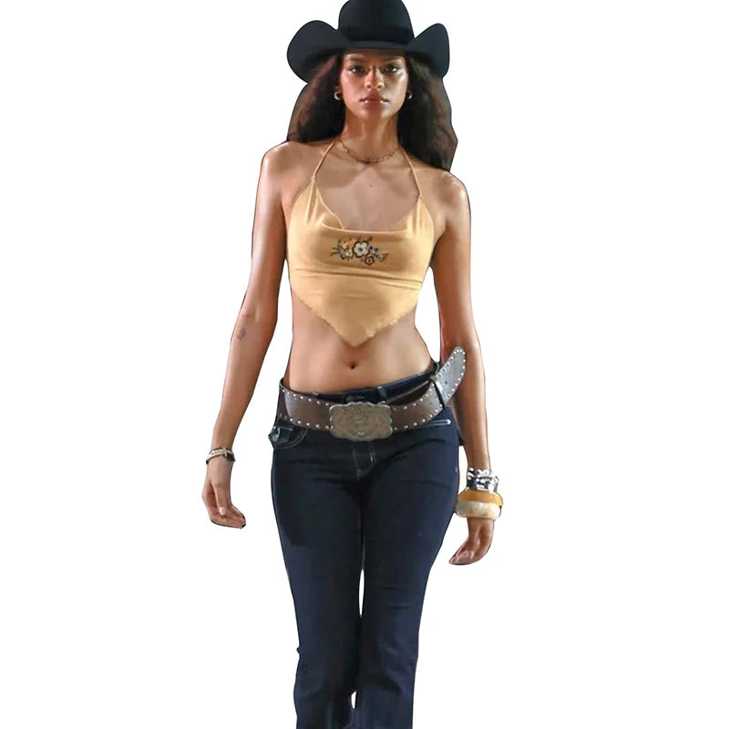 Weird Puss Flower Print Camisole Women Y2K Irregular Backless Halter Simple Classic Summer Sexy Wild Midnight Street Tank Tops