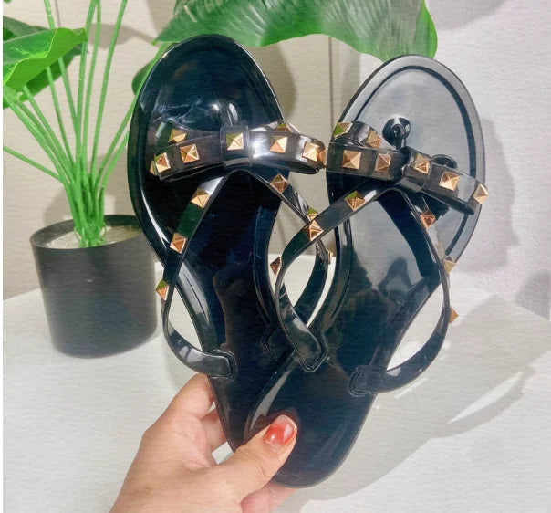 Ladies Leisure Waterproof Shoes Summer Zoris Slippers In Flats Clear Yellow Flip-Flops With Gold Stud Bow-Knot PVC Slides 36-42