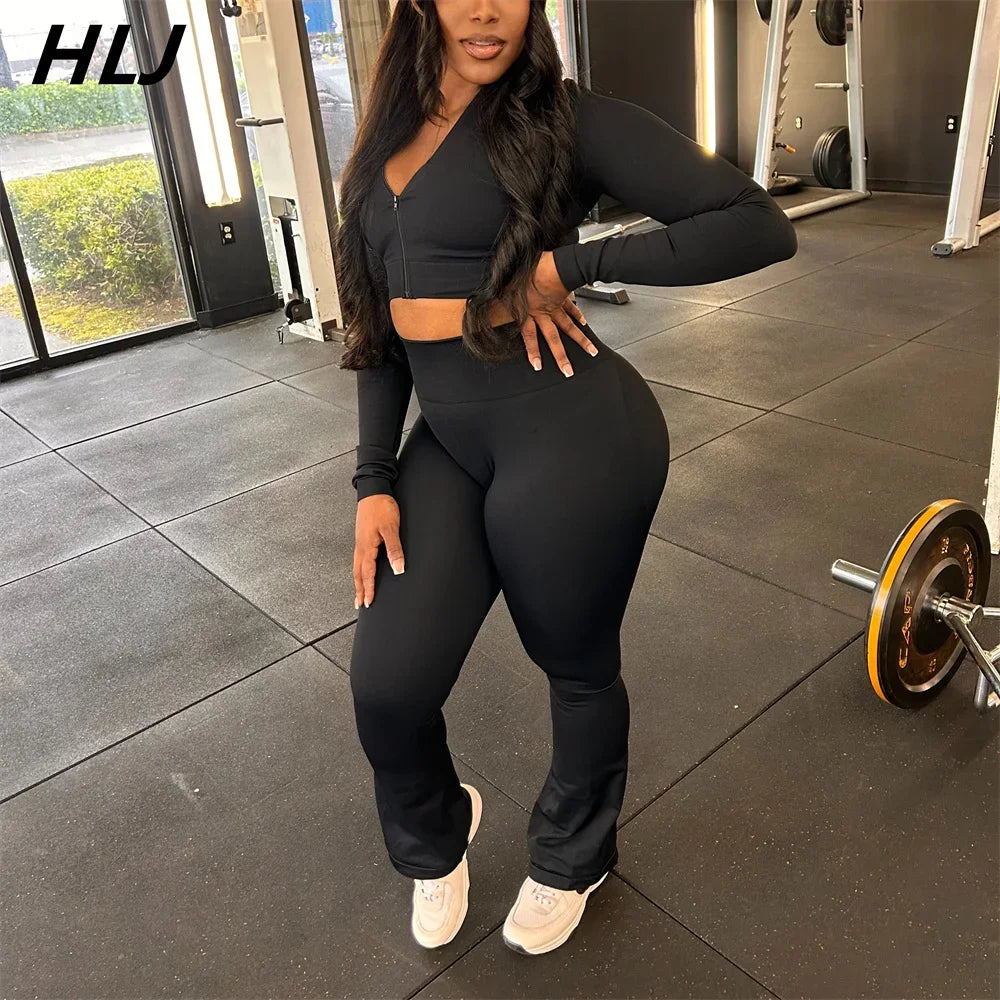 HLJ&GG Casual Solid Bodycon 3 Piece Sets Outfit Women Slim Crop Tops + High Waist Flare Pants Long Sleeves Coats Tracksuits 2024