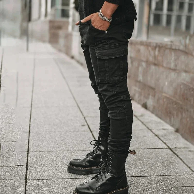 Men Street Elastic Denim Wash Solid Color Multi Pockets Cargo Pants Casual Slim Fit Daily Wear Joggers Mid Waist Trousers