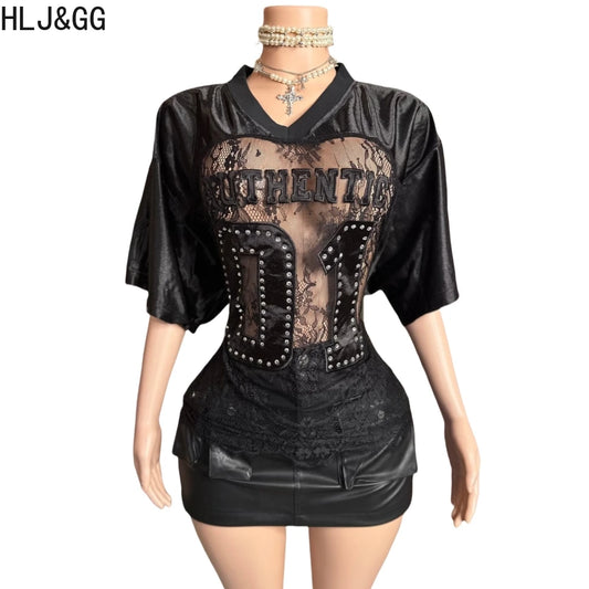 HLJ&GG Sexy Lace Splicing Letter Print Loose Tshirts Women V Neck Short Sleeve Straight Tops Fashion See Though Club Streetwear
