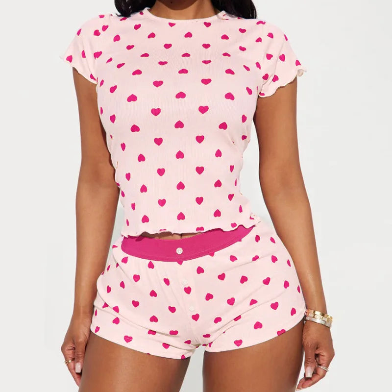 STYLISH LADY Heart Printed 2 Piece Set Women Short Sleeve Crop Top and Shorts Suits 2025 Summer Valentine's Day Home Sleepwear