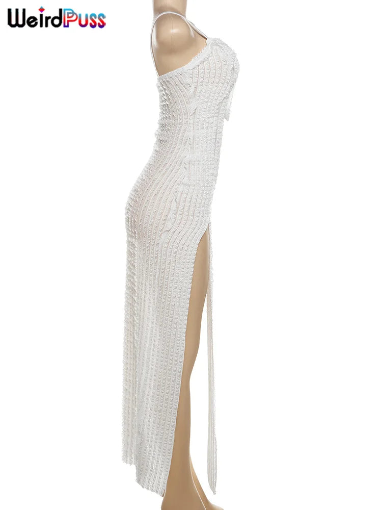 Weird Puss Patchwork Lace Sexy Dress Women See Through Summer Sleeveless Deep v-Neck Split Long Slim Bodycon Vacation Clubwear