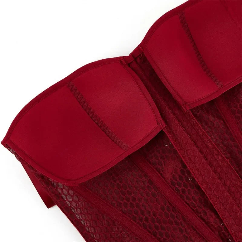 Women Lace Up Sexy Transparent Mesh Boned Corset Overbust Bustier Lingerie Bodyshaper Top Corsets Top