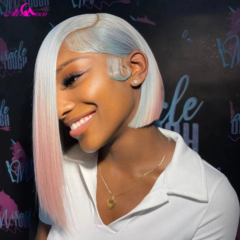 #T Grey Blue Purple Pink Colored Wigs Short Bob Wig 13x4 Lace Frontal Human Hair Wigs For Women Bob Brazilian Frontal Wigs