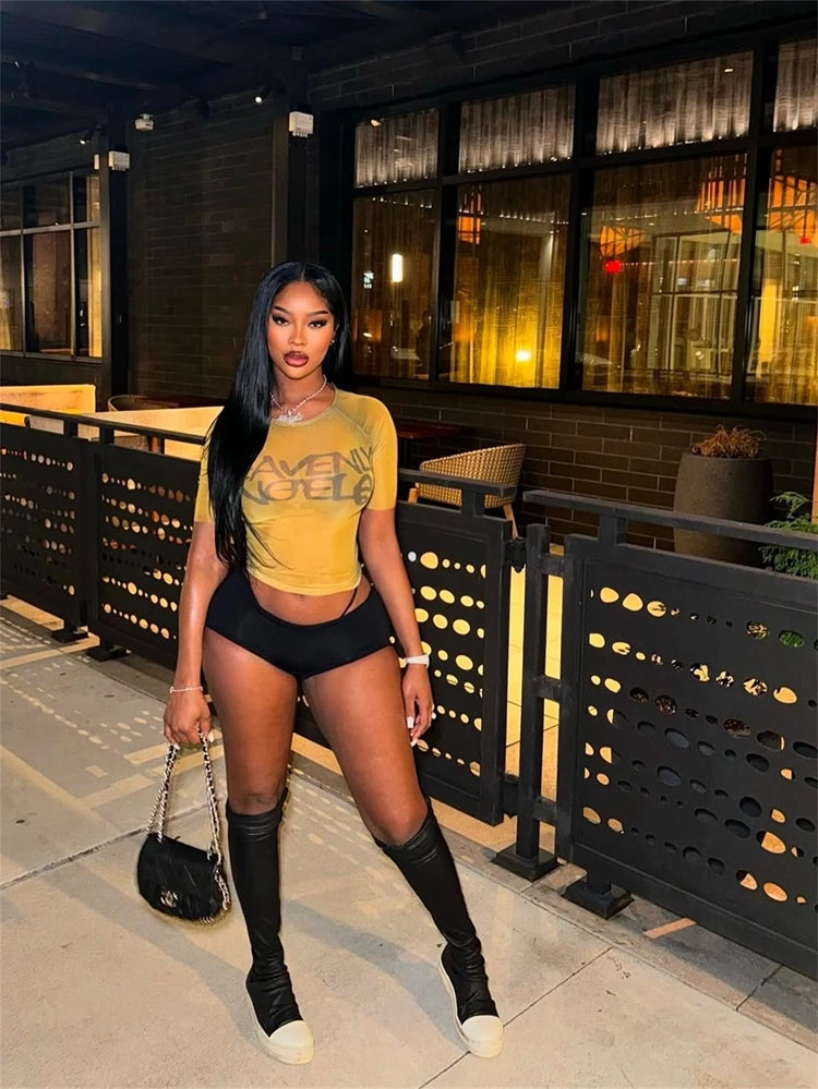 STYLISH LADY Letter Printed Mesh T Shirts 2025 Summer Women Short Sleeve O Neck See Through Sexy Club Party Street Tops Tees