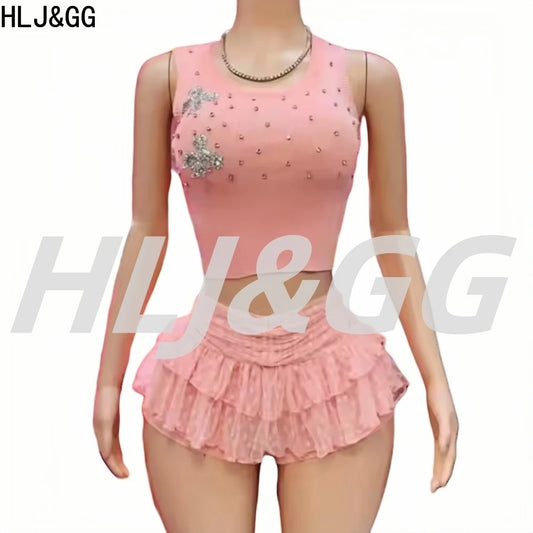 HLJ&GG Fashion Rhinestone Knit Tank Top Two Piece Sets Women Round Neck Sleeveless Crop Vest And Lace Ruffle Mini Skirts Outfits