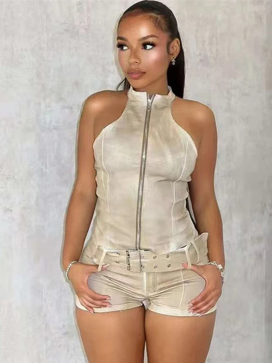 Weird Puss Distressed Style jeans 2 Piece Set Women Zipper Cardigan Sleeveless Crop Top+Skinny Shorts Hottie Street Hipster Suit