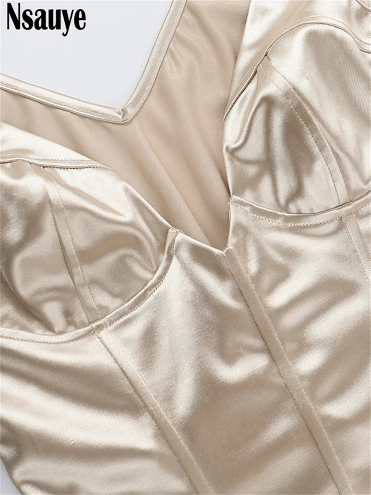 Nsauye Women Mini Skinny Y2K Sexy Club Underwear Corset Crop Tops Summer Fashion Elegant Satin V Neck Chic Vest Tank Tops 2025