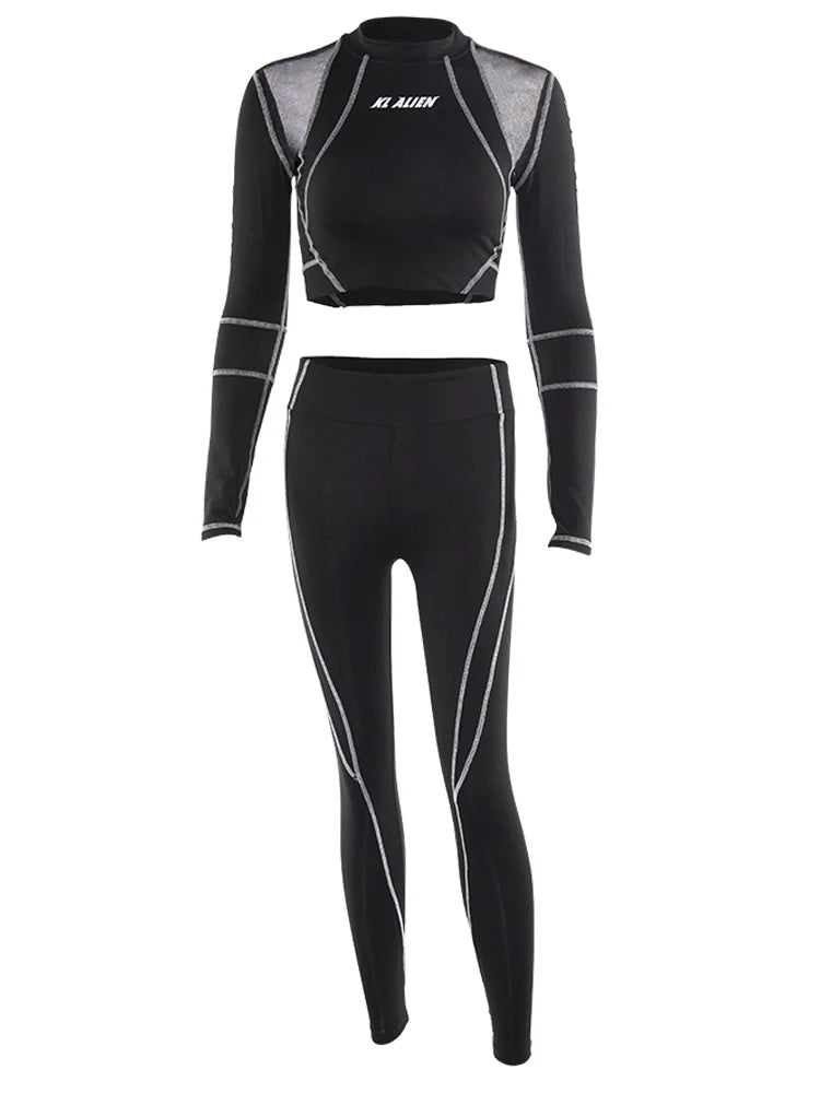 Weird Puss Women Tracksuit Letter Print 2Piece Set Fitness Full Sleeve Crop Top Elastic Leggings Activewear Casual Slim Outfits