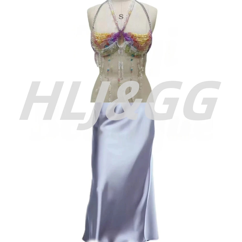 HLJ&GG Sexy Rhinestone Beads Halter Hollow Two Piece Sets Women Sleeveless Backless Top + Satin Skinny Skirts Outfits Streetwear
