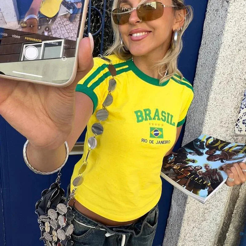 Aesthetic BRASIL Letter Print T-Shirt and Shorts Suit, Vintage Grunge Short Sleeve Baby Tees, Summer Crop Top Y2k Clothe