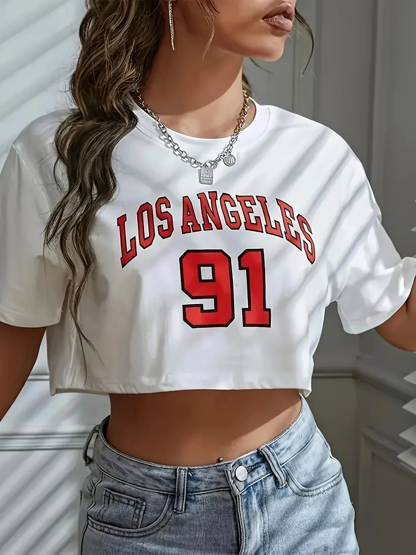 y2k T Shirt Los Angeles Number 91 Brooklyn Graphic Round Neck Sports Crop T-shirt Casual Crop Top Women Cropped