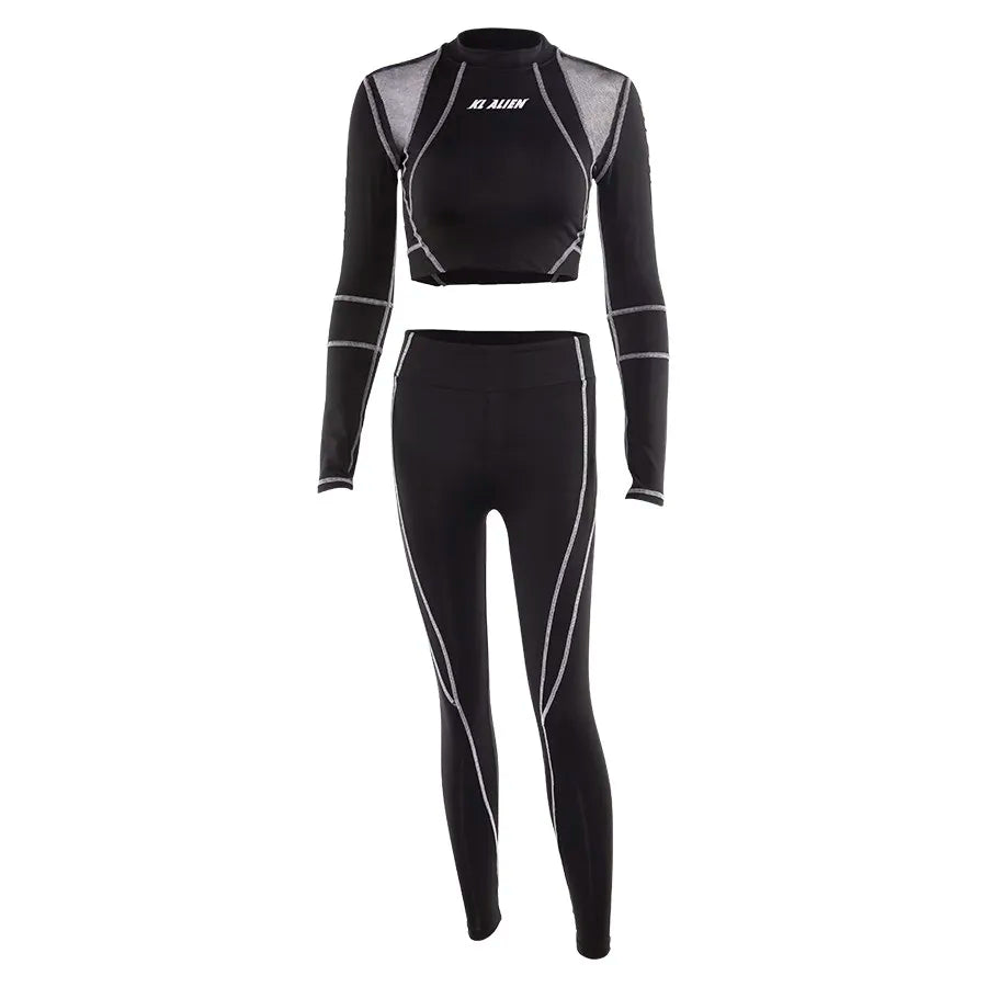 Weird Puss Women Tracksuit Letter Print 2Piece Set Fitness Full Sleeve Crop Top Elastic Leggings Activewear Casual Slim Outfits
