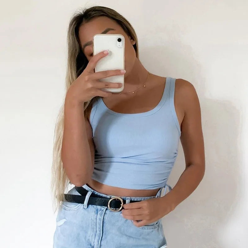 Ruched Sleeveless Tank Tops Tees Women Solid Casual Fashion Crop Top Ladies High Street Tie Up Croptop Summer Fitness
