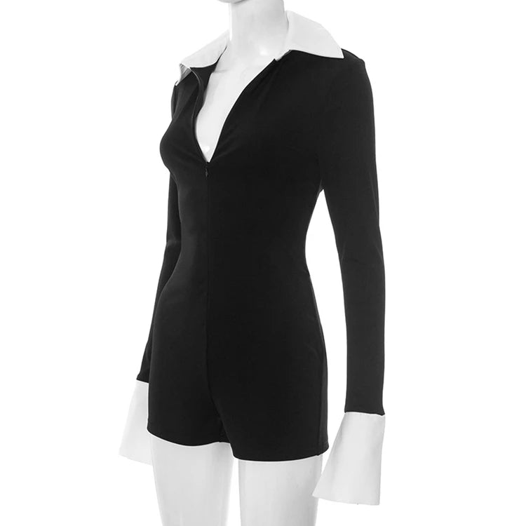 STYLISH LADY Contrast Color Elegant Playsuits 2025 Summer Women Long Sleeve V Neck Bodycon Sexy Club Party Short Rompers