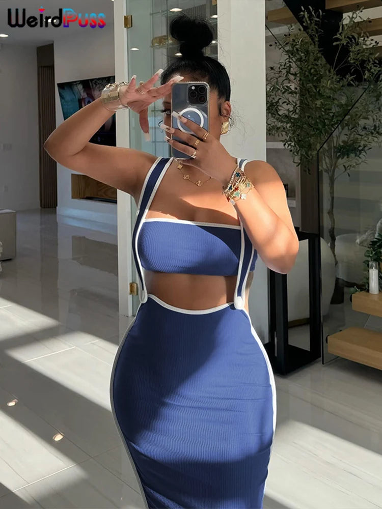 Weird Puss Summer Trend 2 Piece Set Women White Edging Strapless Tops+Shoulder Straps Dress Stretch Matching Streetwear Outfits