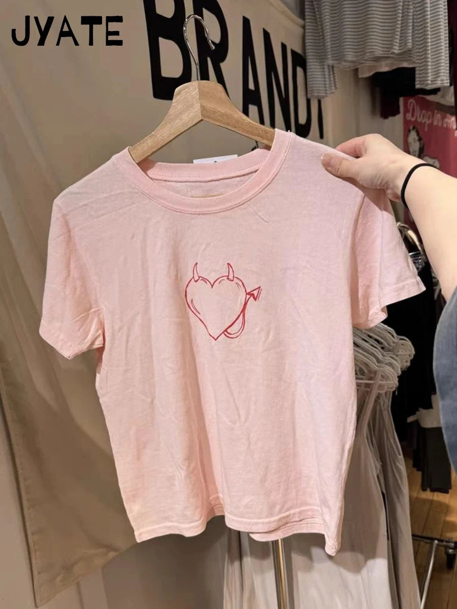 Sweet Star Appliques Slim Crop Top Woman Round Neck Short Sleeve Cotton Cropped T Shirt Summer Cute All-match T-shirts Y2K Tops