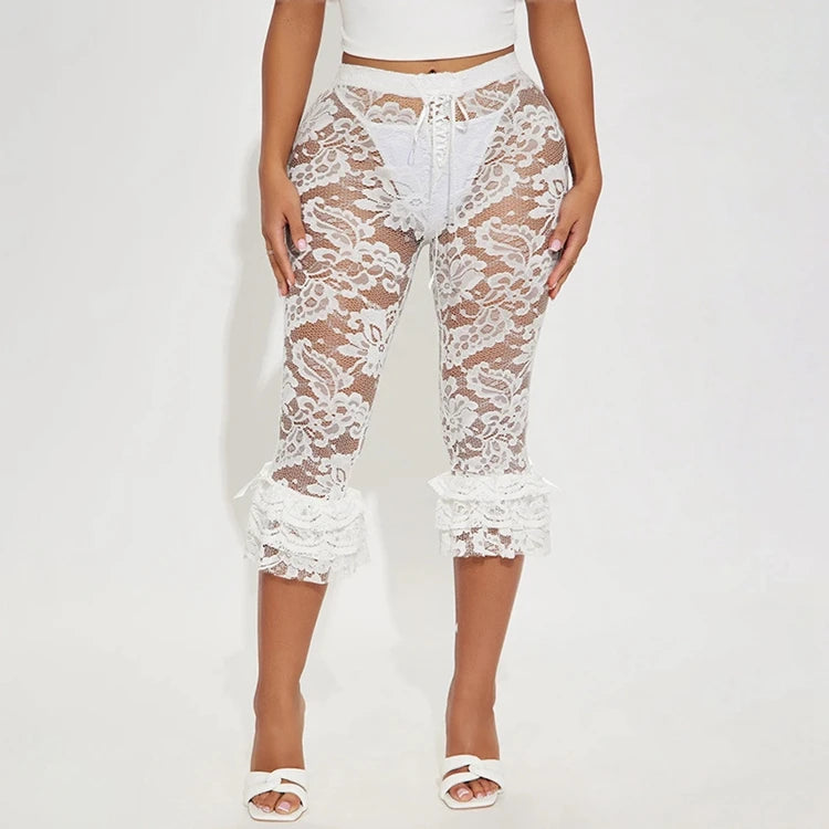 STYLISH LADY Lace Knee Length Pants 2025 Summer Women Midi Waist Hollow Out Sexy Club Party Street See Through Leggings Pants