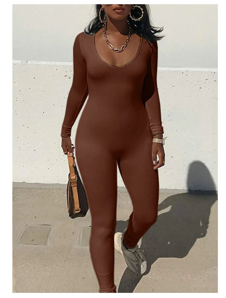 2024 Spring and Summer New Women's Jumpsuit Long Sleeve Solid Color Skinny Jumpsuit Fashion Sports Fitness Jumpsuit Pullover