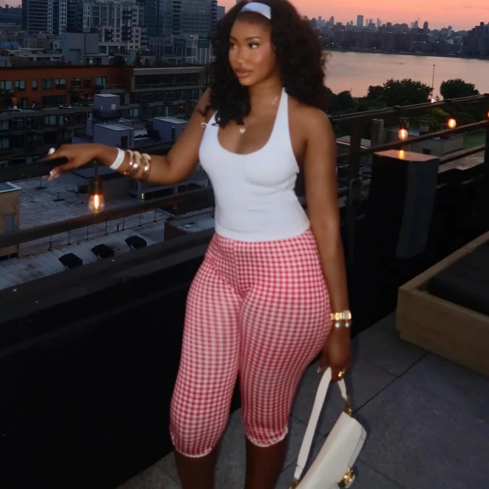 HLJ&GG Summer New Halter Tank Top Two Piece Sets Women Backless Slim Vest And Plaid Print Shorts Outfits Fashion 2pcs Streetwear