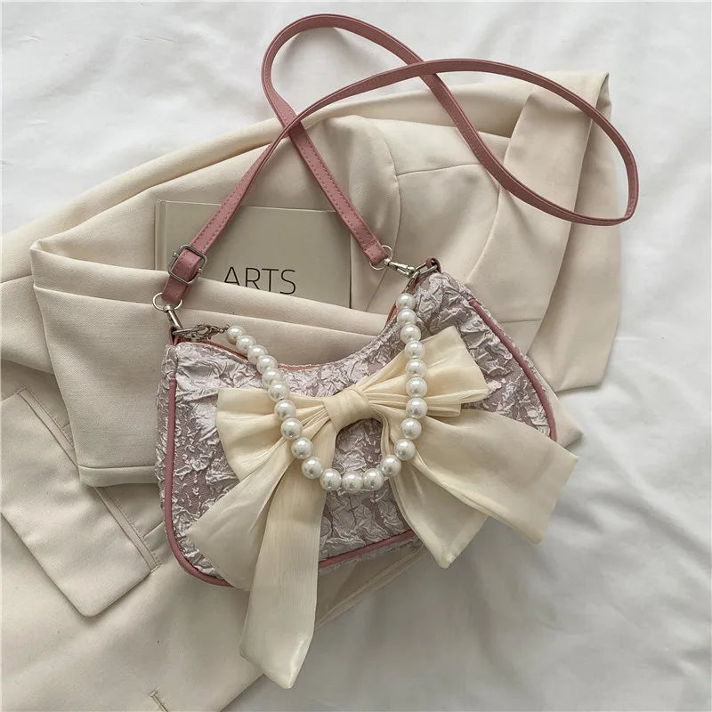 Pearl Female Bag Retro Luxury Designer Handbag Bow Crossbody Bags Fashion Canvas Women's 2023 Trend Shoulder bag Purses