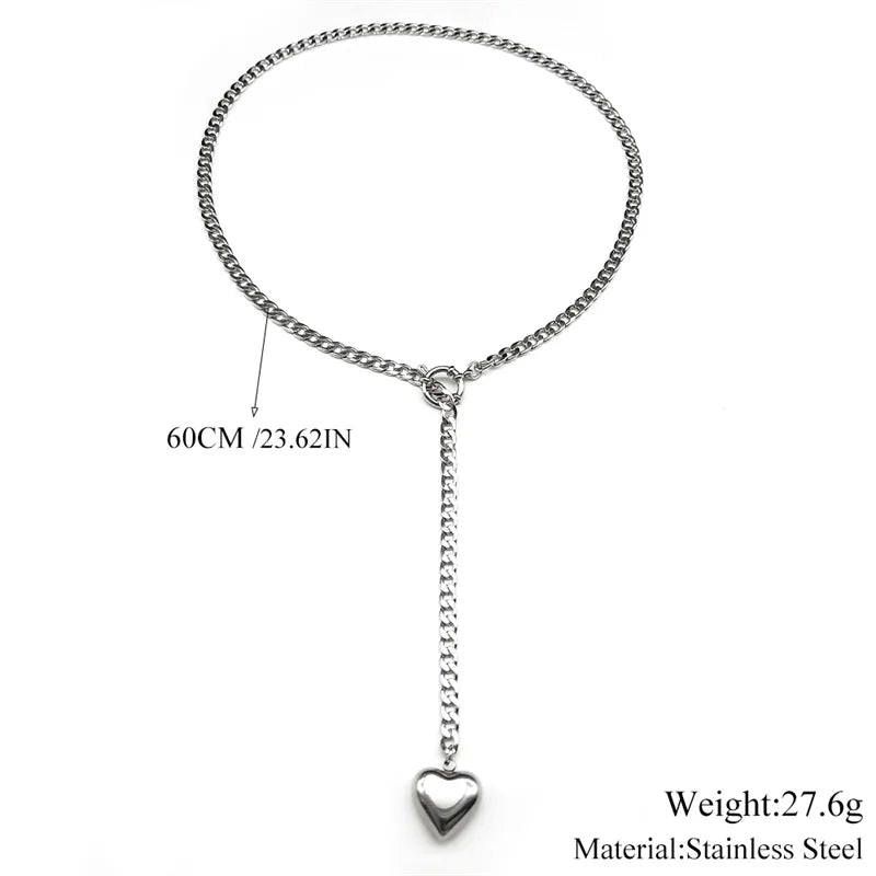 Heart Star O-ring Long Chain For Women Men Punk Rock Necklace Stainless Steel Cuban Necklaces Simple Adjustable Y-Necklace