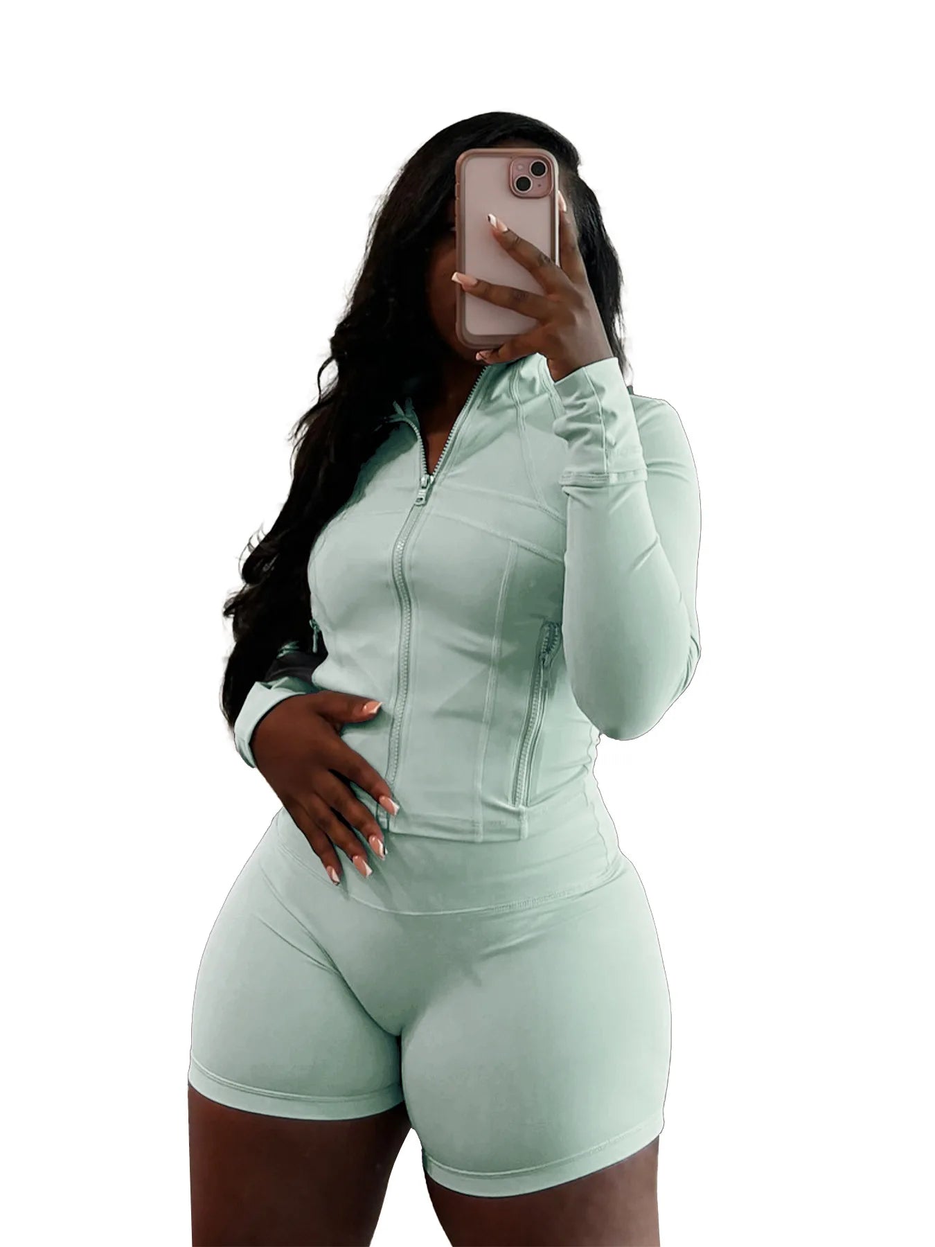 HLJ&GG Casual Sporty Skinny Shorts Two Piece Sets Women Zip Long Sleeve Slim Top + Shorts Outfits Summer New Stretchy Tracksuits