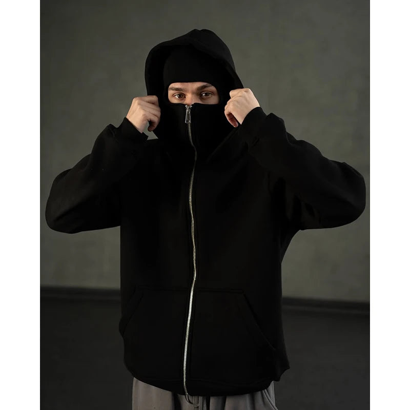 Men's Double Hat Mask Zipper Design Winter Windproof Hoodie Sports Jacket Outdoor Activities Hiking Travel Running Sweatshirt 