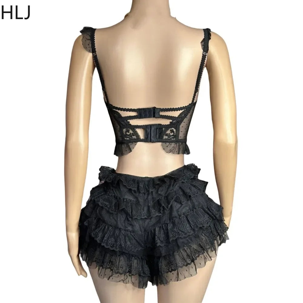 HLJ&GG Lace Sexy Embroidery Sheer Two Piece Sets For Women Thin Strap Tank Top + Ruffle Mini Skirts Shorts Outfit Party Clubwear
